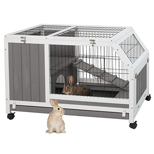 Gowoodhut Rabbit Cage On Wheels Outdoor Rabbit Hutch with Ramp, Pull Out Tray Indoor Wooden Guinea Pig House Bunny Hutch for for 1-2 Rabbit Guinea Pig Hedgehogs （GREYWHITE）