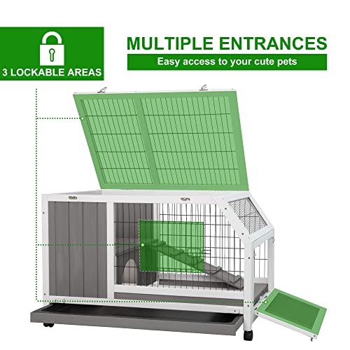 Gowoodhut Rabbit Cage On Wheels Outdoor Rabbit Hutch with Ramp, Pull Out Tray Indoor Wooden Guinea Pig House Bunny Hutch for for 1-2 Rabbit Guinea Pig Hedgehogs （GREYWHITE）