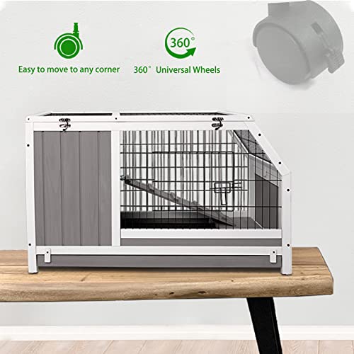 Gowoodhut Rabbit Cage On Wheels Outdoor Rabbit Hutch with Ramp, Pull Out Tray Indoor Wooden Guinea Pig House Bunny Hutch for for 1-2 Rabbit Guinea Pig Hedgehogs （GREYWHITE）