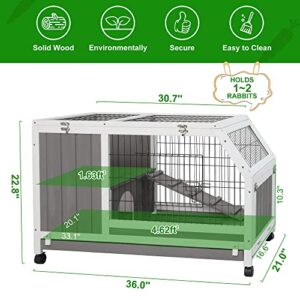 Gowoodhut Rabbit Cage On Wheels Outdoor Rabbit Hutch with Ramp, Pull Out Tray Indoor Wooden Guinea Pig House Bunny Hutch for for 1-2 Rabbit Guinea Pig Hedgehogs （GREYWHITE）