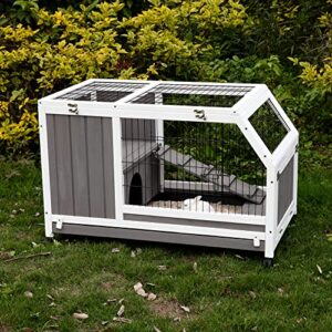 Gowoodhut Rabbit Cage On Wheels Outdoor Rabbit Hutch with Ramp, Pull Out Tray Indoor Wooden Guinea Pig House Bunny Hutch for for 1-2 Rabbit Guinea Pig Hedgehogs （GREYWHITE）