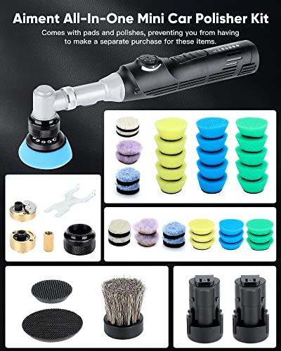 Aiment Mini Polisher w/ 2 Batteries, Cordless Polisher Small Buffer Car Detailing Kit for Vehicle Corner Polishing Paint Correction, Micro Car Polisher w/ 6 Speeds 2000-5000RPM