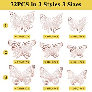 FYY 3D Butterfly Wall Decor, 72PCS 3 Styles 3 Sizes Gold Butterfly Wall Stickers Removable Wall Decals Butterfly Decorations for Room Decor Party Wedding Birthday Cake Rose Gold
