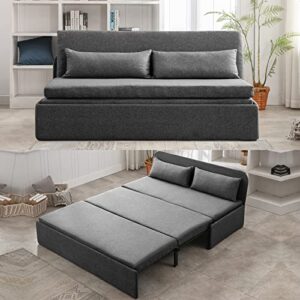 mjkone pull out sofa bed, 2-in-1 modern pull out linen sleeper sofa couch, queen size revesible couch bed with cushions&throw pillows for small place/apartment/living room/office/studio (dark gray)