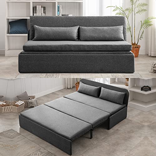 Mjkone Pull Out Sofa Bed, 2-in-1 Modern Pull Out Linen Sleeper Sofa Couch, Queen Size Revesible Couch Bed with Cushions&Throw Pillows for Small Place/Apartment/Living Room/Office/Studio (Dark Gray)