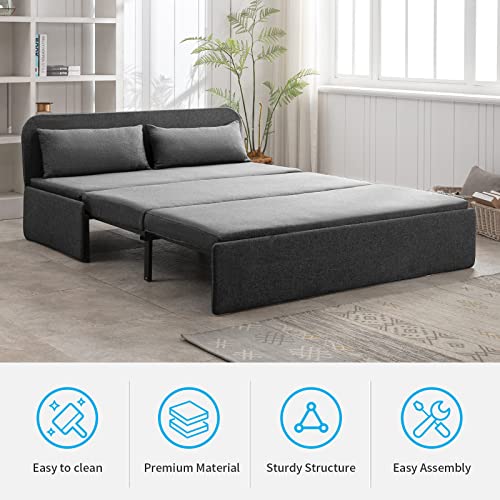 Mjkone Pull Out Sofa Bed, 2-in-1 Modern Pull Out Linen Sleeper Sofa Couch, Queen Size Revesible Couch Bed with Cushions&Throw Pillows for Small Place/Apartment/Living Room/Office/Studio (Dark Gray)