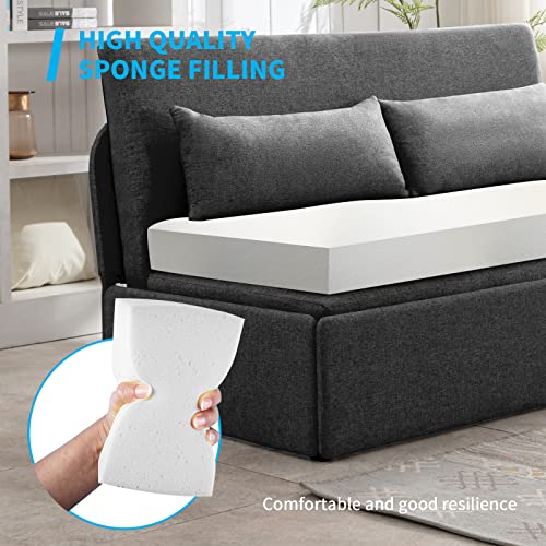 Mjkone Pull Out Sofa Bed, 2-in-1 Modern Pull Out Linen Sleeper Sofa Couch, Queen Size Revesible Couch Bed with Cushions&Throw Pillows for Small Place/Apartment/Living Room/Office/Studio (Dark Gray)