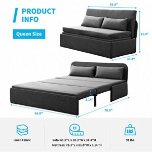 Mjkone Pull Out Sofa Bed, 2-in-1 Modern Pull Out Linen Sleeper Sofa Couch, Queen Size Revesible Couch Bed with Cushions&Throw Pillows for Small Place/Apartment/Living Room/Office/Studio (Dark Gray)