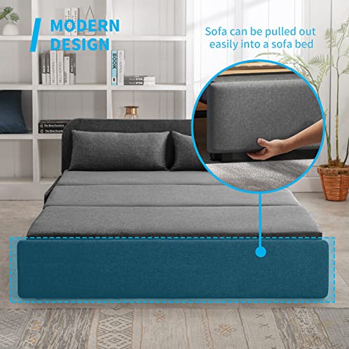 Mjkone Pull Out Sofa Bed, 2-in-1 Modern Pull Out Linen Sleeper Sofa Couch, Queen Size Revesible Couch Bed with Cushions&Throw Pillows for Small Place/Apartment/Living Room/Office/Studio (Dark Gray)