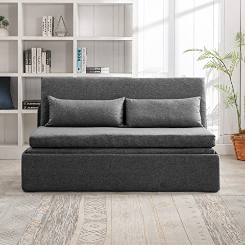 Mjkone Pull Out Sofa Bed, 2-in-1 Modern Pull Out Linen Sleeper Sofa Couch, Queen Size Revesible Couch Bed with Cushions&Throw Pillows for Small Place/Apartment/Living Room/Office/Studio (Dark Gray)