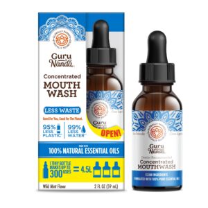 gurunanda concentrated mouthwash, helps with bad breath, promotes teeth whitening, made with 100% natural essential oils, 1 bottle equals 300 rinse, fluoride-free - mint flavored (2 oz)