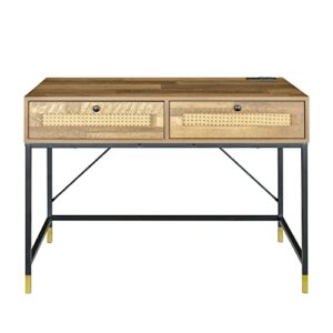 leejay rattan computer desk with two drawers, 40 inch small computer writing desk with outlets, entryway console table for small space,39.37lx19.68wx31.29h, mix oak