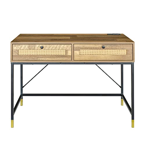 LEEJAY Rattan Computer Desk with Two Drawers, 40 inch Small Computer Writing Desk with Outlets, Entryway Console Table for Small Space,39.37Lx19.68Wx31.29H, Mix Oak