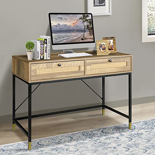 LEEJAY Rattan Computer Desk with Two Drawers, 40 inch Small Computer Writing Desk with Outlets, Entryway Console Table for Small Space,39.37Lx19.68Wx31.29H, Mix Oak