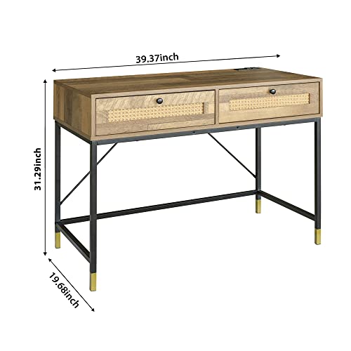 LEEJAY Rattan Computer Desk with Two Drawers, 40 inch Small Computer Writing Desk with Outlets, Entryway Console Table for Small Space,39.37Lx19.68Wx31.29H, Mix Oak