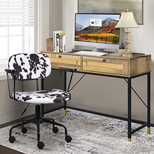 LEEJAY Rattan Computer Desk with Two Drawers, 40 inch Small Computer Writing Desk with Outlets, Entryway Console Table for Small Space,39.37Lx19.68Wx31.29H, Mix Oak