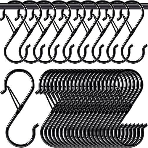 30 Pack S Hooks for Hanging,S Hooks with Safety Buckle,Heavy Duty S Shaped Hooks,3.55 inch Rustproof S Hanging Hooks,Black S Hooks for Hanging Plants Kitchen Utensil Pots Pans Bathroom Closet Garden