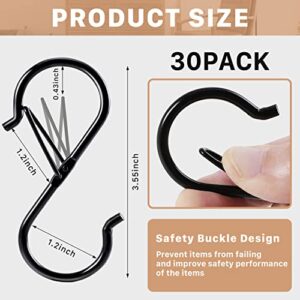 30 Pack S Hooks for Hanging,S Hooks with Safety Buckle,Heavy Duty S Shaped Hooks,3.55 inch Rustproof S Hanging Hooks,Black S Hooks for Hanging Plants Kitchen Utensil Pots Pans Bathroom Closet Garden