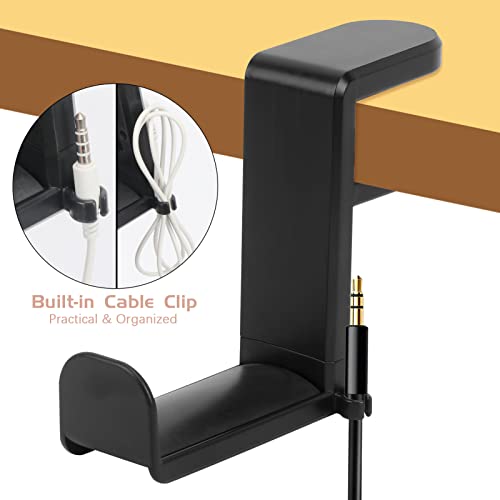 FYY Headphone Stand, 360 Degree Rotation Headset Hanger Holder, Adjustable Gaming Headphone Hook Under Desk Mount Headset Clamp with Cable Organizer Clip Black