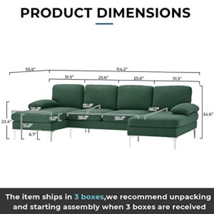 VINGLI U Shaped Sectional Sofa,114" Large Sectional Sofa Couch for Living Room,Linen Sectional Sofa with Double Lounge Chaise,Hunter Green