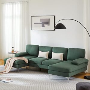 vingli u shaped sectional sofa,114" large sectional sofa couch for living room,linen sectional sofa with double lounge chaise,hunter green