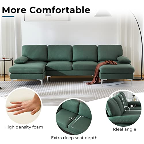 VINGLI U Shaped Sectional Sofa,114" Large Sectional Sofa Couch for Living Room,Linen Sectional Sofa with Double Lounge Chaise,Hunter Green