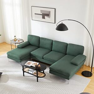 VINGLI U Shaped Sectional Sofa,114" Large Sectional Sofa Couch for Living Room,Linen Sectional Sofa with Double Lounge Chaise,Hunter Green