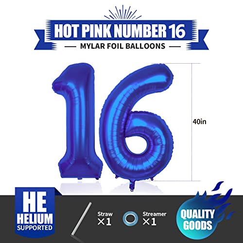 40 Inch Large Hot Blue 16 Balloons Number Number 16 Birthday Balloon for 16th Birthday Decors for Girls Number 61Number Balloons for Women Birthdays hellium tank for balloons 16 Old Birthday Decors