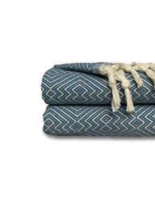 wellstil kaira | king size cotton blanket • vintage turkish throw blankets for sofa, couch, farmhouse and home decor • boho woven bedspread • cozy breathable bed blanket 80x100 inches (dark blue)