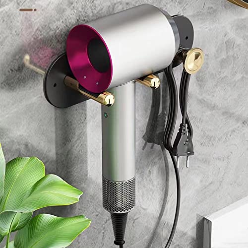 Hair Dryer Holder Wall Mounted Compatible for Dyson Hair Dryer, Salon Holder Storage Bathroom Organizer Adhesive Hair Dryer Rack Stand Aluminum Black Gold