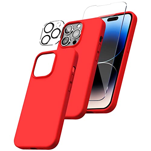 Oovial Compatible with iPhone 14 Pro 6.1 Inch Red Silicon 5 in 1 Bundle Includes Silicon Case, Screen Protector, Installation Kit, Camera Lens Protector, Cleaning Kit - Shockproof Full Protection