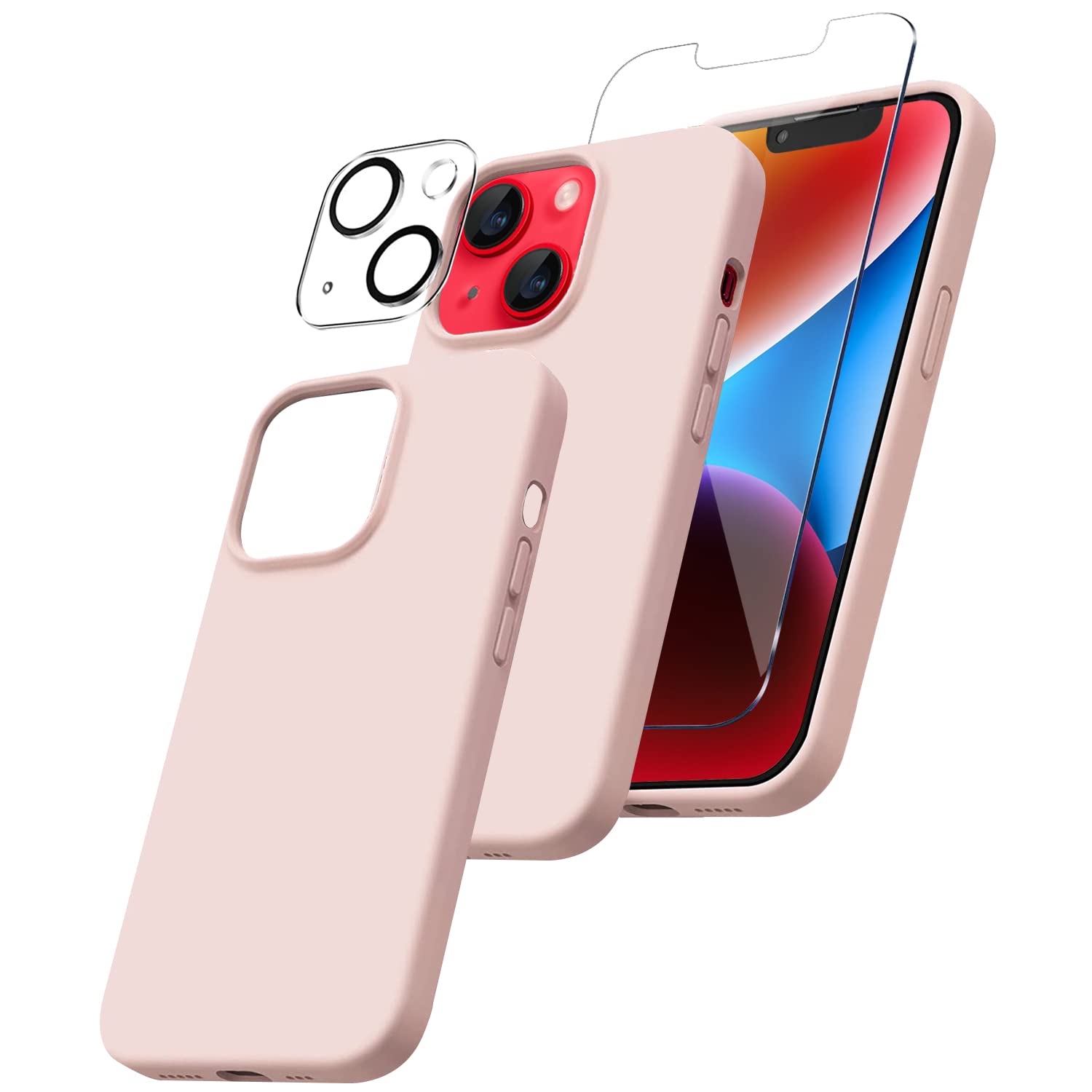 Oovial Compatible with iPhone 14 Plus 6.7 Inch Pink Silicon 5 in 1 Bundle Includes Silicon Case, Screen Protector, Installation Kit, Camera Lens Protector, Cleaning Kit - Shockproof Full Protection