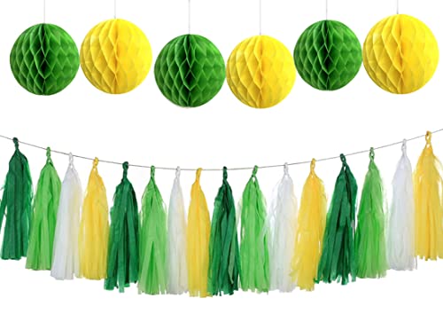 Autupy 26PCS Yellow Green White Party Decorations Yellow Green Party Pom Poms for Bachelorette Engagement Birthday Wedding Baby Bridal Shower Anniversary Garden Tea Party Supplies