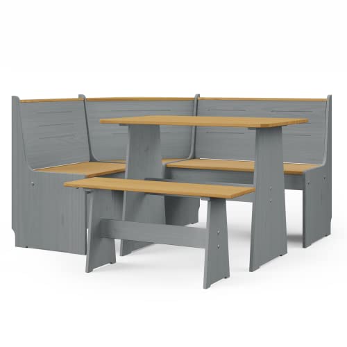 Urban Home Furniture Chapman 2 Tone Natural/Grey Solid Wood Corner Dining Set, Reversible Breakfast Nook