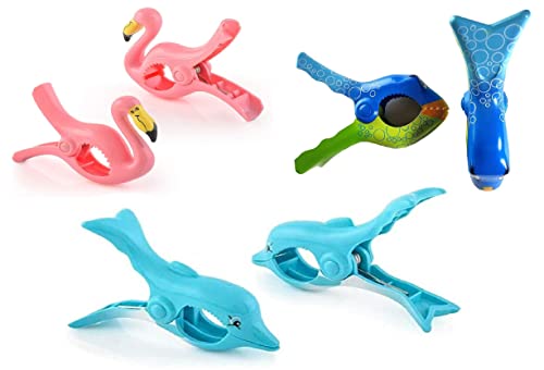 3 Set (6 Ct) Bubble Fish, Dolphin, Flamingo Beach Towel Clips Jumbo Size for Beach Chair, Cruise Beach Patio, Pool Accessories, Household Snacks Clip, Baby Stroller Clips by C&H Solutions