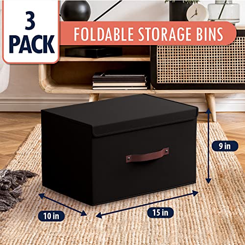 Ornavo Home 3 Pack Collapsible Storage Bins with Lid, Foldable Linen Fabric Shelf Storage Basket Closet Organizer and Large Storage Box for Clothes with Leather Handles, 15 x 10 x 9, Black