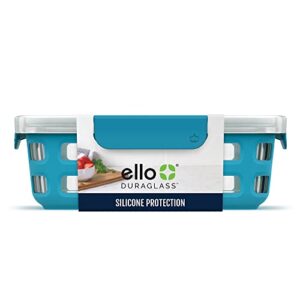 ello duraglass glass food storage containers - meal prep container with silicone sleeve and airtight lid, 5 cup, glacier blue