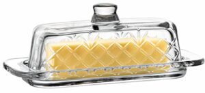 royalty art glass butter dish with lid, single stick container with handle cover, rustic farmhouse or vintage boho kitchen accessory, clear