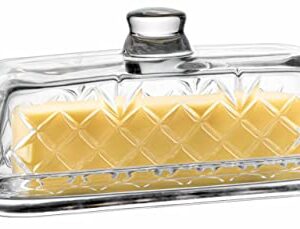 Royalty Art Glass Butter Dish with Lid, Single Stick Container with Handle Cover, Rustic Farmhouse or Vintage Boho Kitchen Accessory, Clear