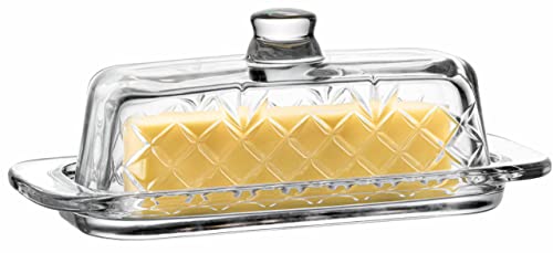 Royalty Art Glass Butter Dish with Lid, Single Stick Container with Handle Cover, Rustic Farmhouse or Vintage Boho Kitchen Accessory, Clear