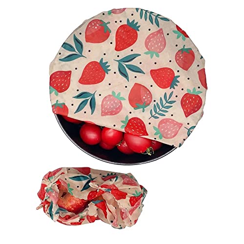 Beeswax Wrap- Set of L, M, S Odor Free High Quality Beeswax Wraps- Designed in USA- Handcrafted from Certified Organic Cotton, Beeswax, Tree Resin, Jojoba Oil-Eco-Friendly-Zero Waste-Strawberry Design