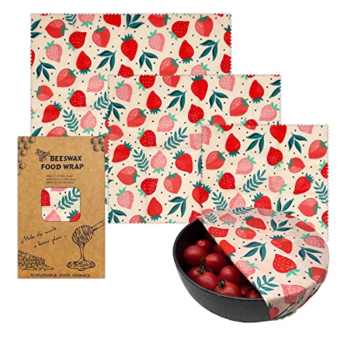 Beeswax Wrap- Set of L, M, S Odor Free High Quality Beeswax Wraps- Designed in USA- Handcrafted from Certified Organic Cotton, Beeswax, Tree Resin, Jojoba Oil-Eco-Friendly-Zero Waste-Strawberry Design