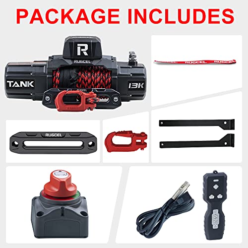 RUGCEL WINCH 13500lb Waterproof Electric Synthetic Rope Winch 12V with Hawse Fairlead, 2 in 1 Wireless Remote,Double color rope，for Truck SUV