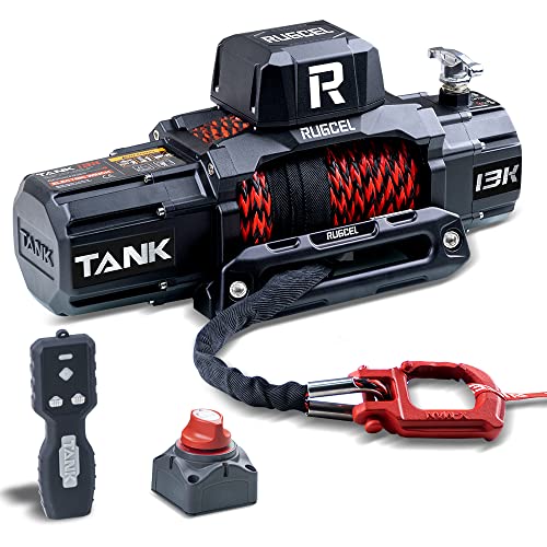 RUGCEL WINCH 13500lb Waterproof Electric Synthetic Rope Winch 12V with Hawse Fairlead, 2 in 1 Wireless Remote,Double color rope，for Truck SUV