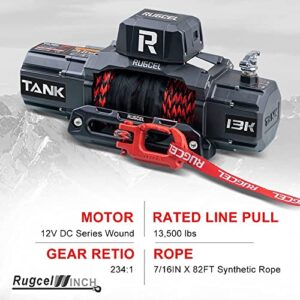 RUGCEL WINCH 13500lb Waterproof Electric Synthetic Rope Winch 12V with Hawse Fairlead, 2 in 1 Wireless Remote,Double color rope，for Truck SUV