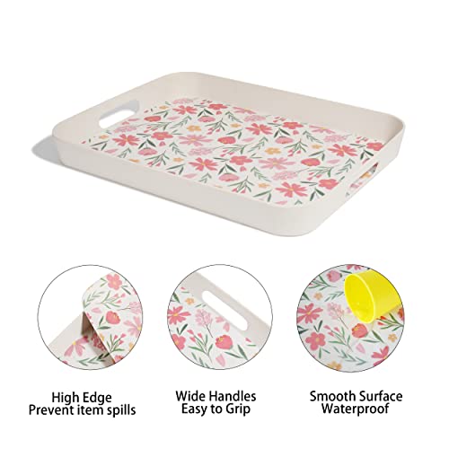 Finorder Serving Trays, Bamboo Fiber Tray with Handles, 16" x 12" Decorative Tray Great for Eating, Tea, Bar, Breakfast or Any Food Tray, Red Flower Prints