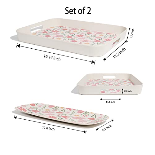 Finorder Serving Trays, Bamboo Fiber Tray with Handles, 16" x 12" Decorative Tray Great for Eating, Tea, Bar, Breakfast or Any Food Tray, Red Flower Prints