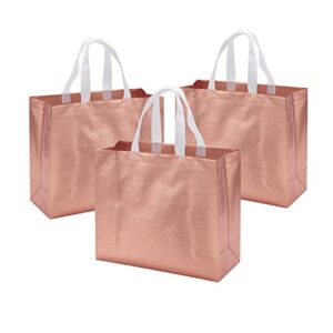 12.7" x 11" x 4.7" non-woven reusable shiny pink gold gift bags with glossy finish birthday bag favor bags goodie bags for wedding party - 12 gift bags set