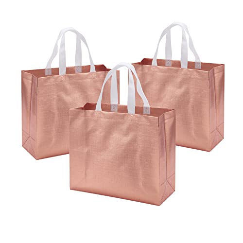 12.7" X 11" X 4.7" Non-woven Reusable Shiny Pink Gold Gift Bags With Glossy Finish Birthday Bag Favor Bags Goodie bags for Wedding Party - 12 Gift Bags Set