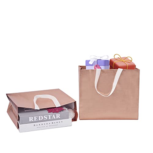 12.7" X 11" X 4.7" Non-woven Reusable Shiny Pink Gold Gift Bags With Glossy Finish Birthday Bag Favor Bags Goodie bags for Wedding Party - 12 Gift Bags Set